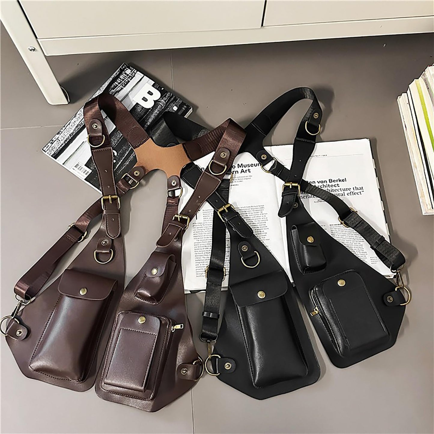 Sakufuf Double Underarm Shoulder Bag Armpit Holster Bag For Men Anti-theft Strap Concealed Phone Wallet Pouch(brown)