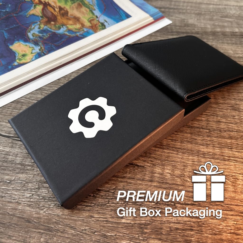 CardGear RFID Blocking Full Size Bifold Wallet with 8 Card Slots, 1 Key Pocket, Cash Divider, and Large ID window, Come with ECO-friendly Gift Box (Vegan Leather, Black)