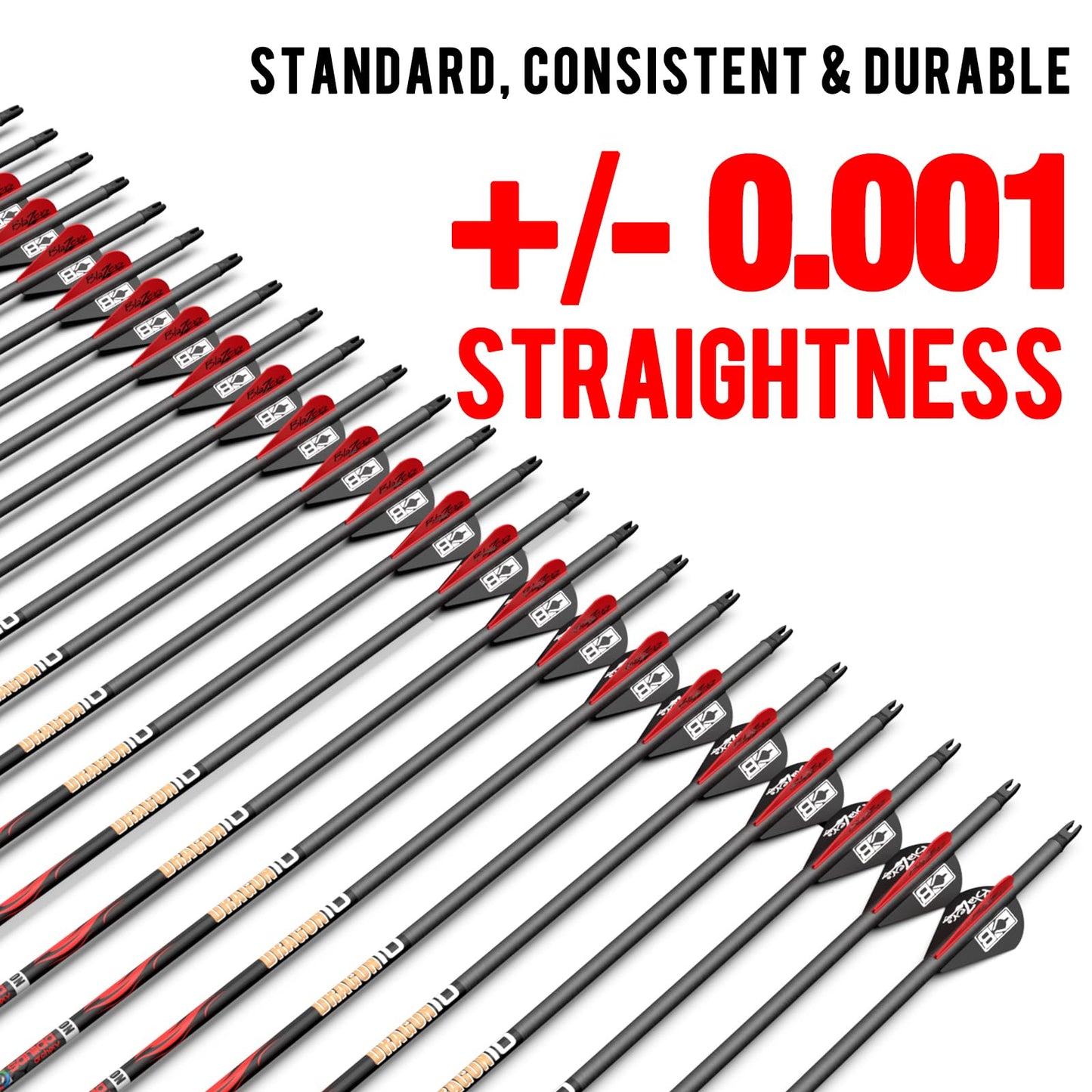 sanlida Dragon 9 12 Pack 100% Pure Carbon Hunting Arrows, 32" Arrows for Compound Bow, Olympic-Grade 10-Spine Precision, ±0.003" Straightness, 0.244" ID, 3" Vanes (470 Spine)