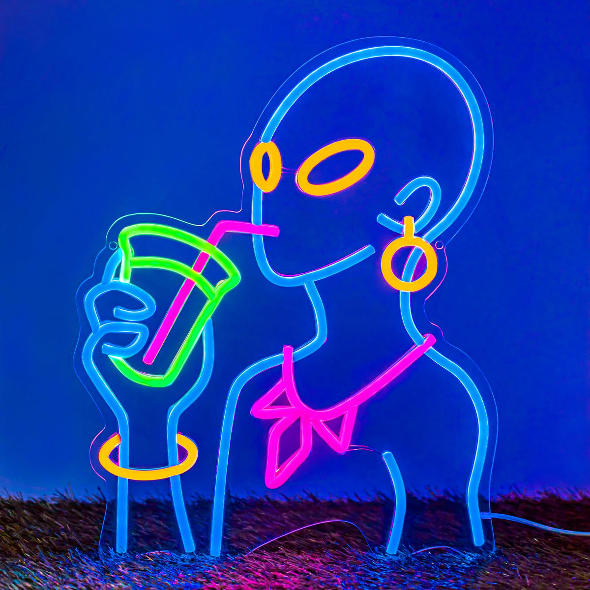 Drinking Neon Signs for Wall Decor, Boho Figure LED Wall Art for Home Bar Decor, USB Dimmable Neon Lights, Housewarming, Birthday, Christmas Gift (Alien Blue)