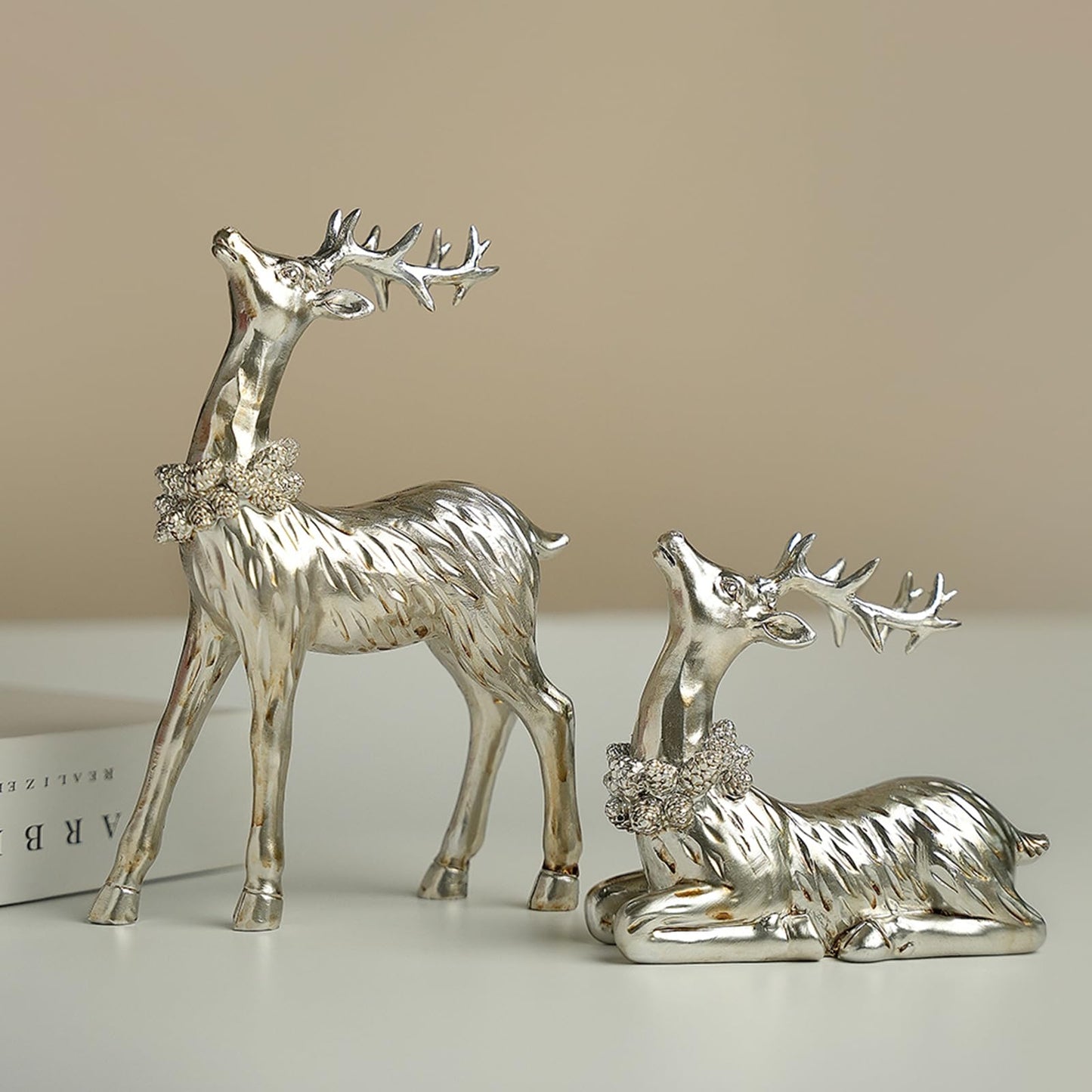 Zensounding 2PCS Christmas Deer Pendant Bedding and Standing Gold Deer Resin Home Decoration Suitable for Fireplace Living Room Dining Table Christmas Decoration (Silvery)