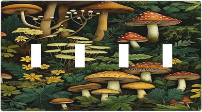 Mushrooms Forest Nature Botanical Art Light Switch Covers Quad Toggle 4 Gang Wall Plate Decorative Switchplate Electrical Faceplate for Farmhouse Living Decor