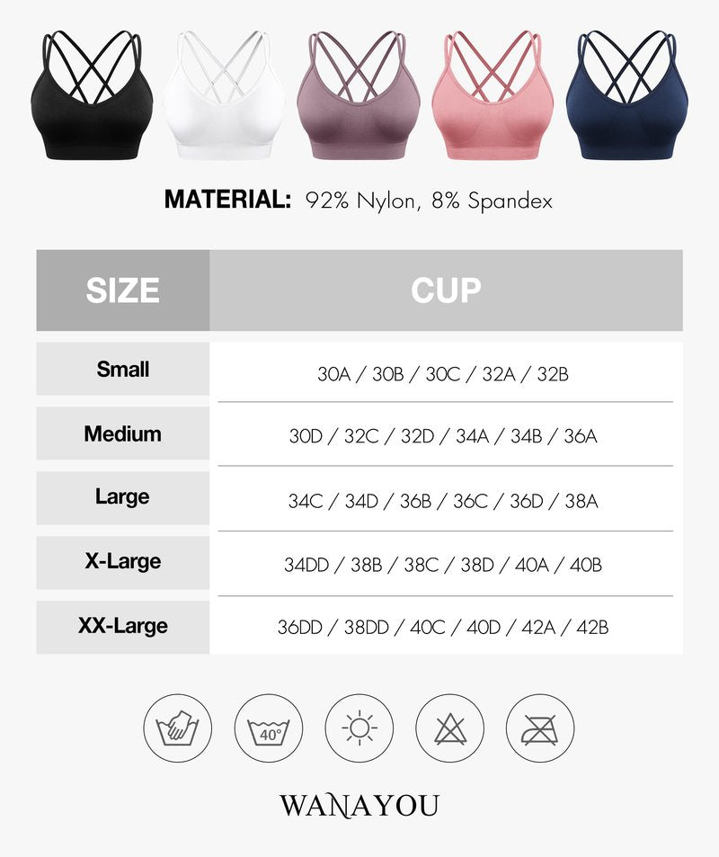 WANAYOU Sports Bras for Women, Cross Back Strappy Medium Support Sports Bra Padded Wireless Seamless Spaghetti Strap Workout Bra for Athletic Exercise Fitness 3 Pack Black White Purple Medium