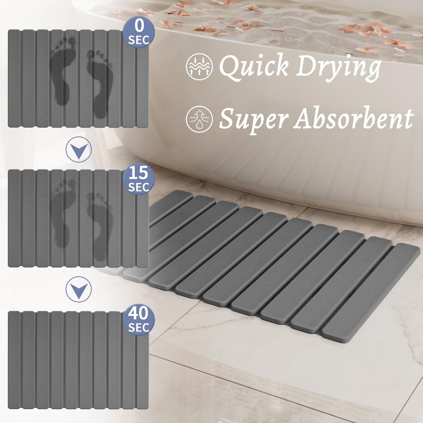 Foldable Stone Bath Mat, Quick Dry Stone Drying Mats for Bathroom, Super Absorbent Bath Stone Mat, Non Slip, Large Diatomaceous Earth Dish Drying Mats for Kitchen Counter 23.5 x 15.4in, Dark Gray