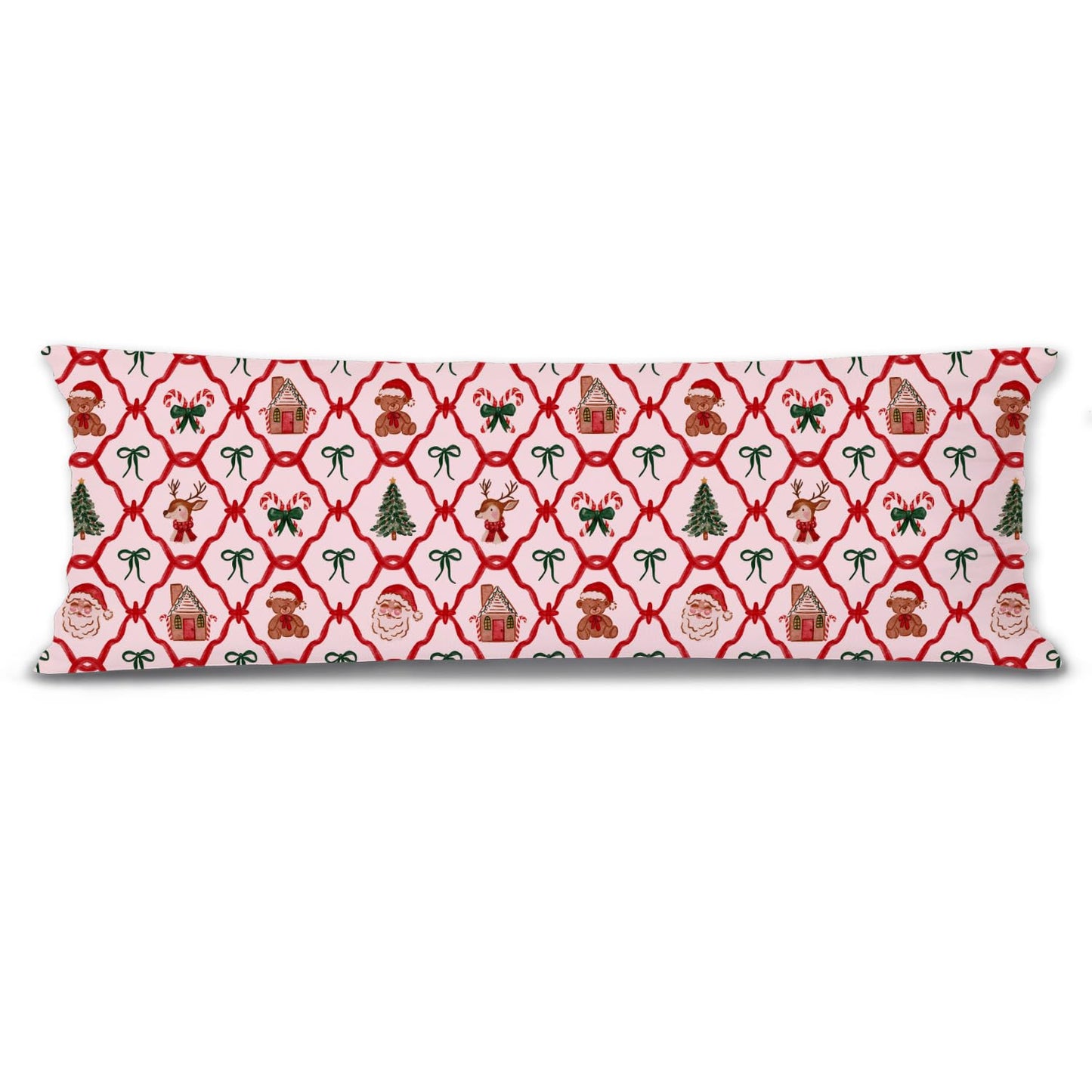Mancheng-zi Red and Green Christmas Bow Trellis 20x54 Body Pillow Cover Pillowcase with Zipper, Coquette Christmas Decor, Retro Xmas Santa Reindeer Decorative Long Hug Pillow Cases for Bed Couch
