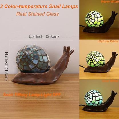 Tiffany Style Blue Snail Accent Table Lamp Handmade Stained Glass Shade Night Light for Kids with 3 Color Temperatures LED Bulb - Ideal Gift for Home Decor(8" D x 5" W x 5" H)