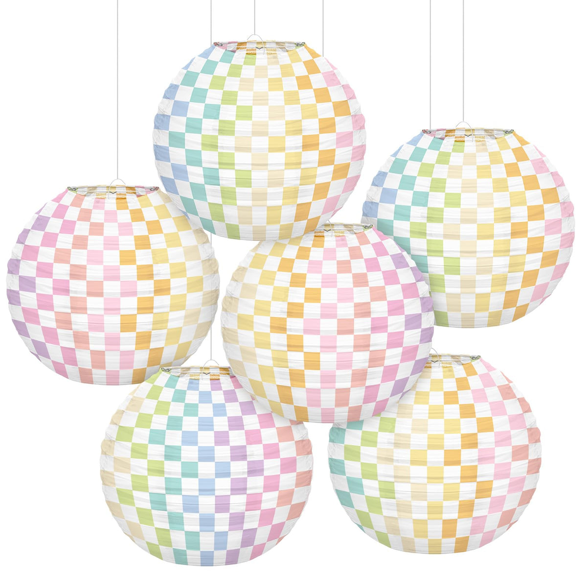 6pcs Pastel Checkered Paper Lanterns Party Decoration, 8inch Pink Gingham Ruond Hanging Lanterns Party Decor for Home Yard Ceiling Classroom Wedding Engagement Birthday Christmas Supplies