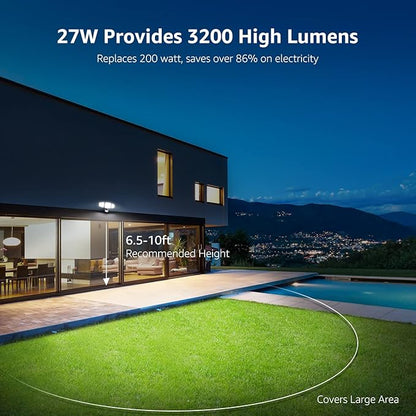 Lepro LED Security Lights, Outdoor Motion Sensor Light, Flood Lights with 3 Adjustable Heads, 270° Wide Lighting Angle, 27W 3200LM Super Bright, IP65 Waterproof for Yard Porch Garage, Black