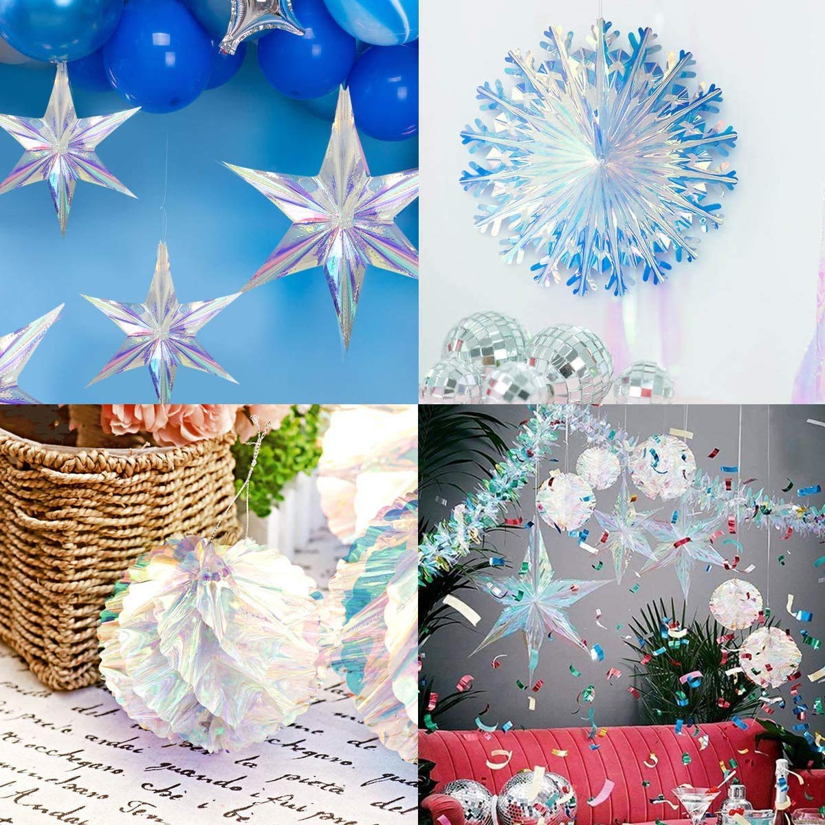 CNUSER Iridescent 6 Point Star Ornament Hanging Decorations, Clear Foil Decorative Folding Decor, Rainbow Shine Party Ornaments for Wedding Birthday Christmas Frozen Theme Party