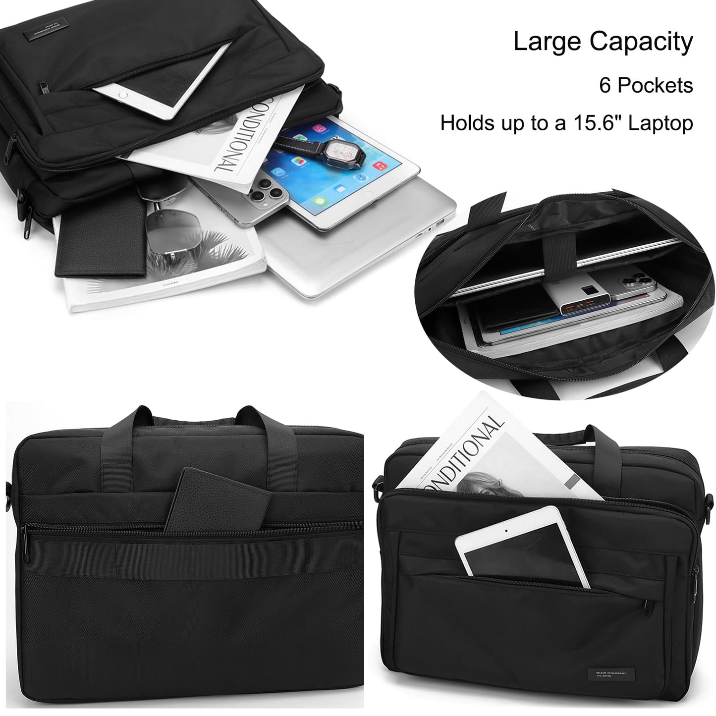 natyrlpog Laptop Bag 15.6 Inch Briefcase for Men Women Waterproof Nylon Lightweight, Shoulder Computer Messenger Handbag for Business Office Work Travel College Black