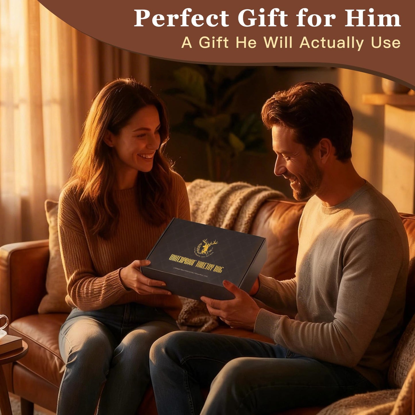 Aganmi Personalized Toiletry Bag Fathers Day Birthday Gifts for Men Dad Husband, Laser-Engraved Initial Waterproof PU Leather Toiletry Organizer Dopp Kit Shaving Bag Travel Essential Light Brown J
