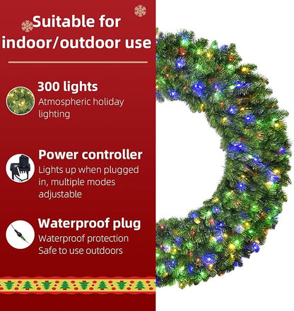 60in Large Christmas Wreath - HOYECHI Lighted Wreaths Holiday Decor, Outdoor Wreath with 300 Colorful LEDs, 930 PVC Tips, Metal Hook, 9 Functions, Timer, Power Plug-in, Remote Controls