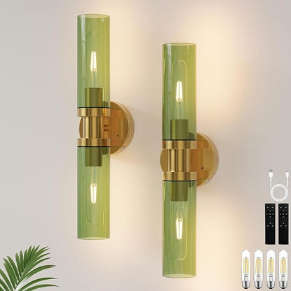 Rechargeable Battery Wall Sconce Set of Two, 8000mAh Cordless, Dimmable, Timer, Remote, Touch Control, USB-C Charging for Living Room, Bedroom Gold with Green Lampshade (Include 4 Special Bulbs)