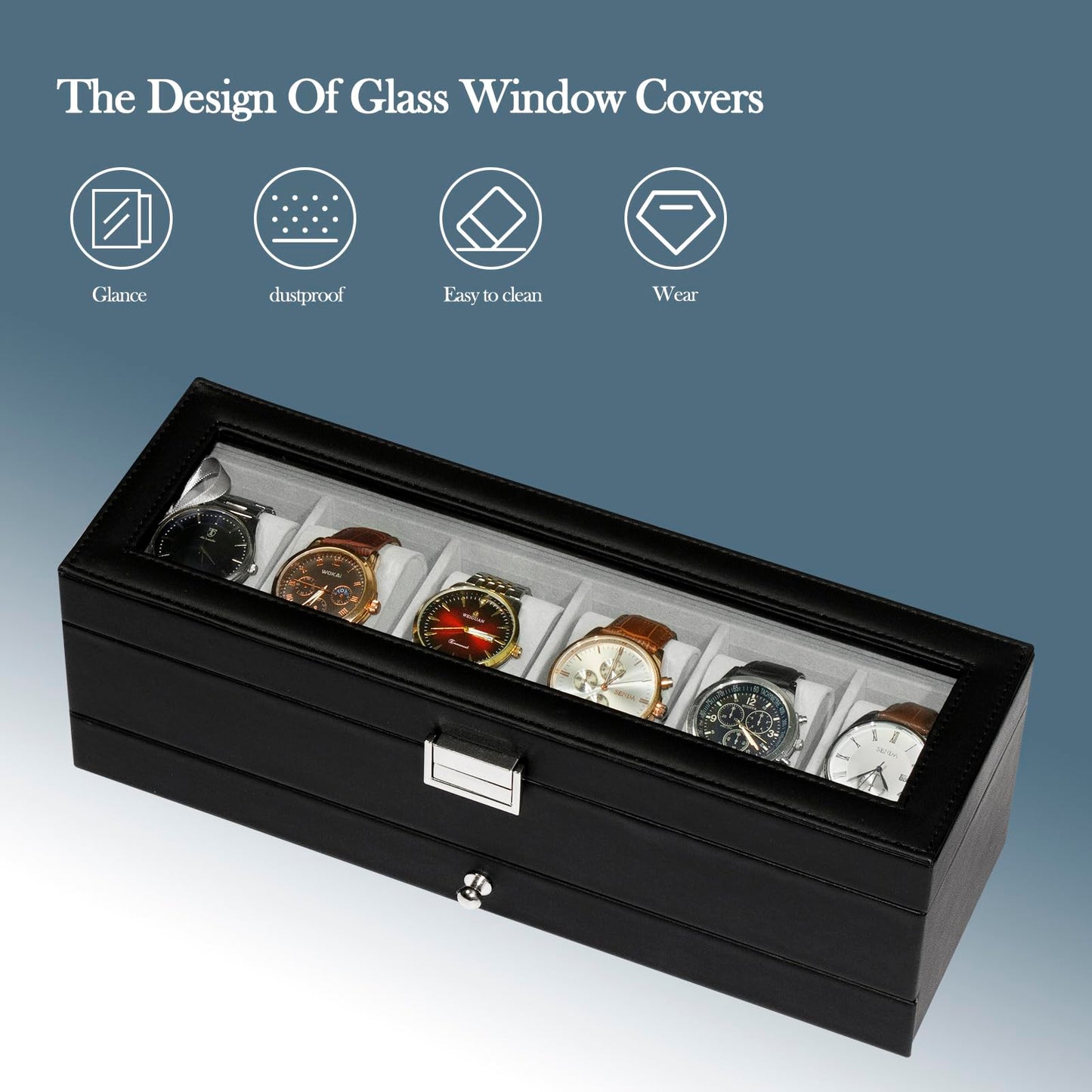 GLOBAL KA Watch Box for Men 6 Slot,Double Layer Mens Watch Case Display Organizer with Real Glass Top,Large Holder for 50mm Watches,PU Leather Jewelry Drawer Storage Valet Tray for Men,Black