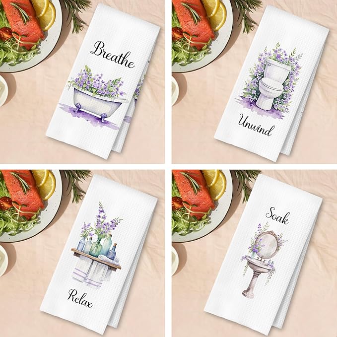Farmhouse Purple Botanical Bathroom Hand Towels, Relax Breathe Soak Unwind