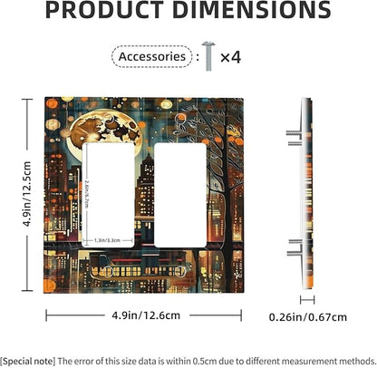 City Light Moon Bus Abstract Art Dual Outlet Covers Wall Plate 2 Gang Rocker Decora Decorative Switchplate Electrical Faceplate GFCI Light Switch Covers for Farmhouse Living Decor