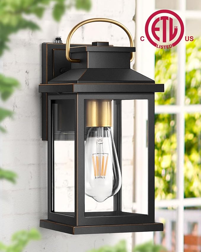 VIANIS Outdoor Wall Light Dusk to Dawn Sensor, Black Gold Accents Exterior Lighting Fixtures Wall Mount Sconce for House, Modern Porch Lights Outdoor Lantern for Patio, Outside Lights for Garage Coach