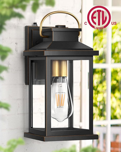 VIANIS Outdoor Wall Light Dusk to Dawn Sensor, Black Gold Accents Exterior Lighting Fixtures Wall Mount Sconce for House, Modern Porch Lights Outdoor Lantern for Patio, Outside Lights for Garage Coach