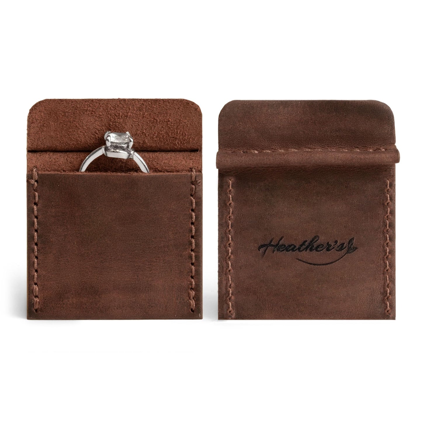 Heather's, Wedding Ring Case Handmade from Full Grain Leather - Engagement Pouch, Bride & Groom Jewelry Storage, Marriage Travel, Ring Bearer, Proposal Ring Holder - Bourbon Brown