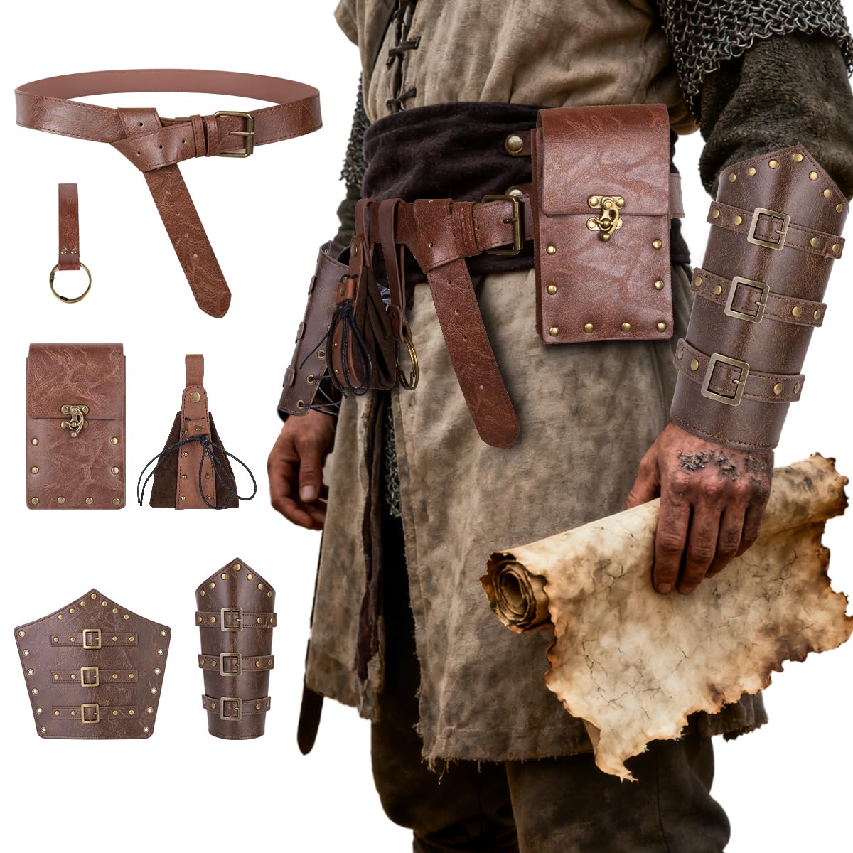 Medieval Steampunk Renaissance LARP Set - Steampunk Belt Leather Belt Bag Potion Bottle Holder & Adjustable Arm Guards for Cosplay Halloween & Festivals