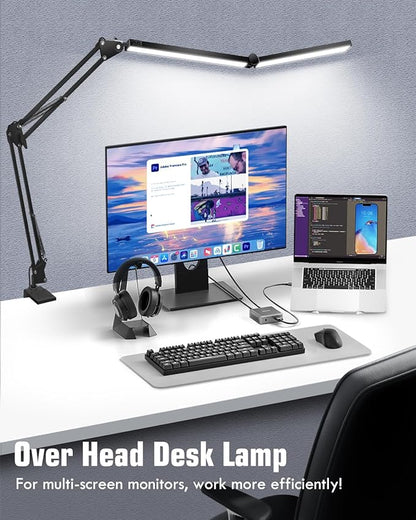 Toolour LED Desk Lamps for Home Office 2 in 1 Double Head Desk Lamp with Clamp Base,Remote Control,Dimmable Architect Clip on Desktop Computer Light Bar with Memory for Workbench Darkroom