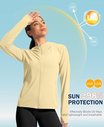 Soothfeel Women's UPF 50+ Sun Protection Hoodie Jacket Lightweight Long Sleeve Sun Shirt for Women with Pocket Hiking Outdoor Light Yellow 3XL