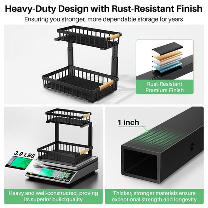 Kitstorack Under Sink Organizer, 2 Tier Under the Sink Storage, Slide out Pull out Cabinet Organizer Shelf, Metal Sliding Drawer for Kitchen Bathroom Pantry Closet Organization Rack, Black, 2 Pack