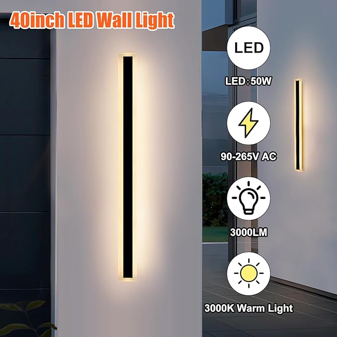 TooCust 1 Pack 40in Long Outdoor Led Wall Light, IP65 Waterproof, 50W Warm Light 3000K, Narrow Strip Light, Modern Long Wall Sconce for Garage, Wired Installation