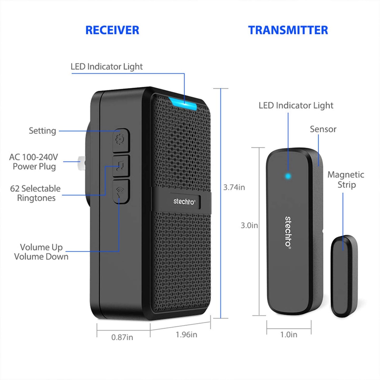 STECHRO Wireless Door Chime, 600Ft Range 5 Adjustable Volume 1 Magnetic Door open Contact Alarm with 62 Chimes Mute Mode Door Bell Plugin Receiver for Home/Office/Store (Black)