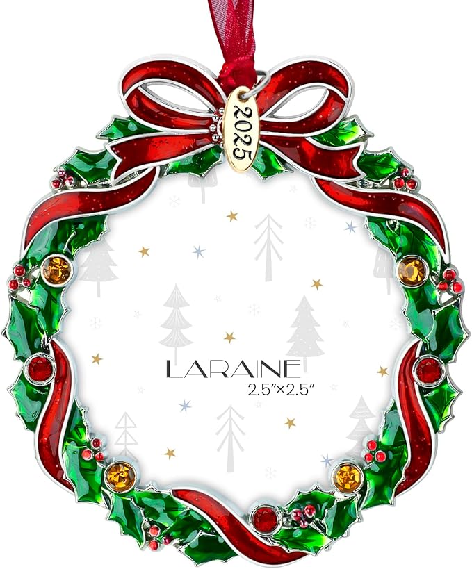 Laraine Christmas Tree Ornaments – Decorative Hanging 2025 Holiday Keepsake Gift Pendant with 2.5" Photo Frame Insert for Picture of Pet (Wreath (2025))