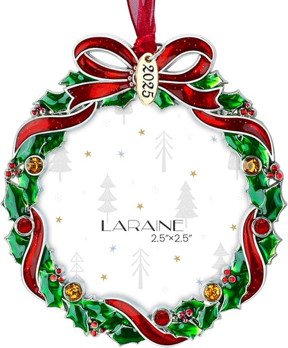 Laraine Christmas Tree Ornaments – Decorative Hanging 2025 Holiday Keepsake Gift Pendant with 2.5" Photo Frame Insert for Picture of Pet (Wreath (2025))