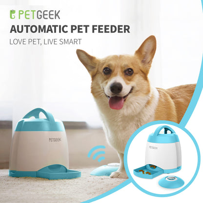 PETGEEK Dog Treat Dispenser with Button, Automatic Dog Feeder with Remote Control and Dual Power Supply, Dogs Puzzle Toys and Interactive Pet Stimulation Toys for Indoor/Outdoor Play (Blue)