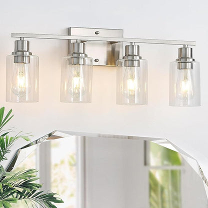 Modern Wall Lighting 4-Lights Brushed Nickel Wall Lamp Fixtures,24" Vintage Wall Sconces with Clear Glass Shades, Farmhouse Bathroom Vanity Light for Mirror,Bedroom,Living Room