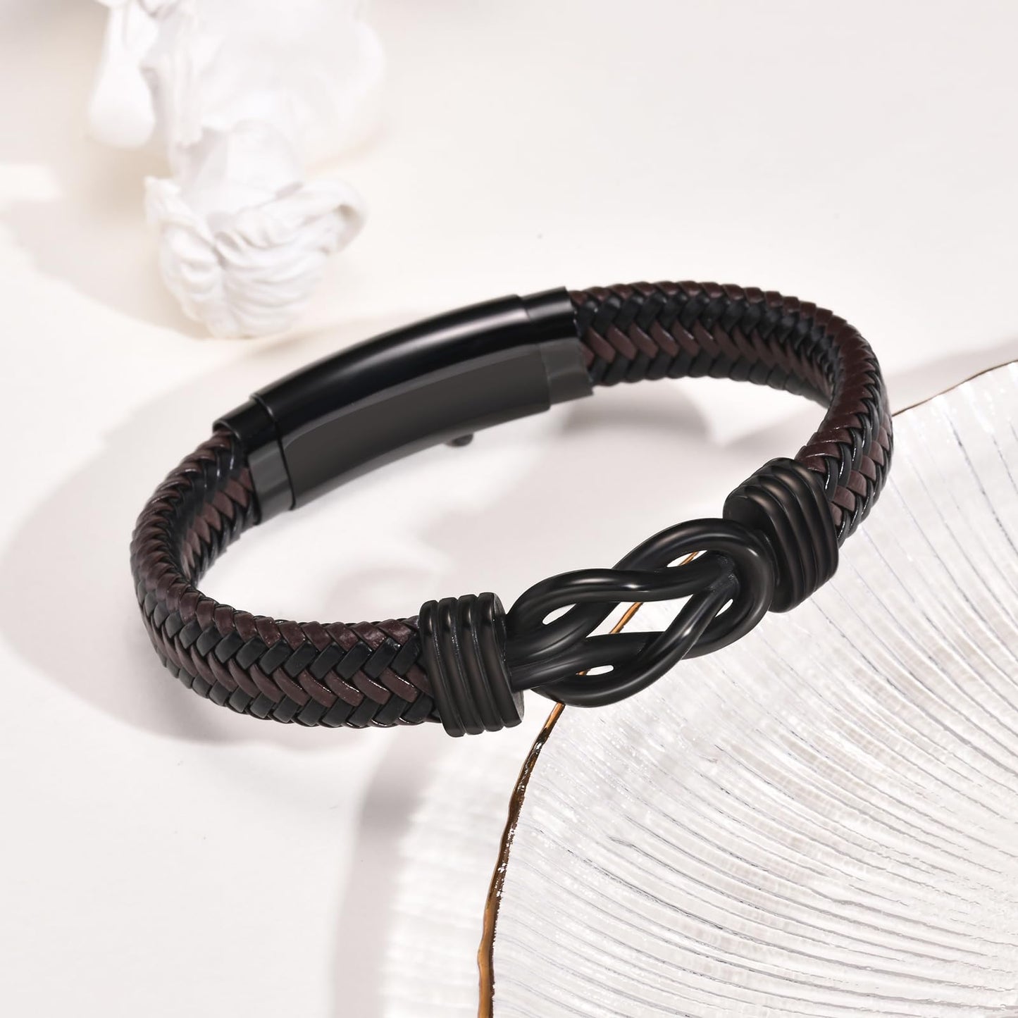 VNOX Love Knot Bracelet for Men - Cutsom Name Handmade Braided Leather Bracelets Brown Leather Cuff with Infinity Knot Gift for Men Husband Boyfriend