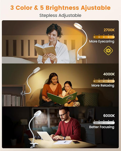 Glocusent 72 LED Clip on Lamp with Remote, Reading Light with Amer Ring Night Light, 3 Colors & 5 Dimmable Desk Lamp with Clamp, Auto-Off Timer for Night Reading, Bed Light for Headboard/Dorm/Bunk