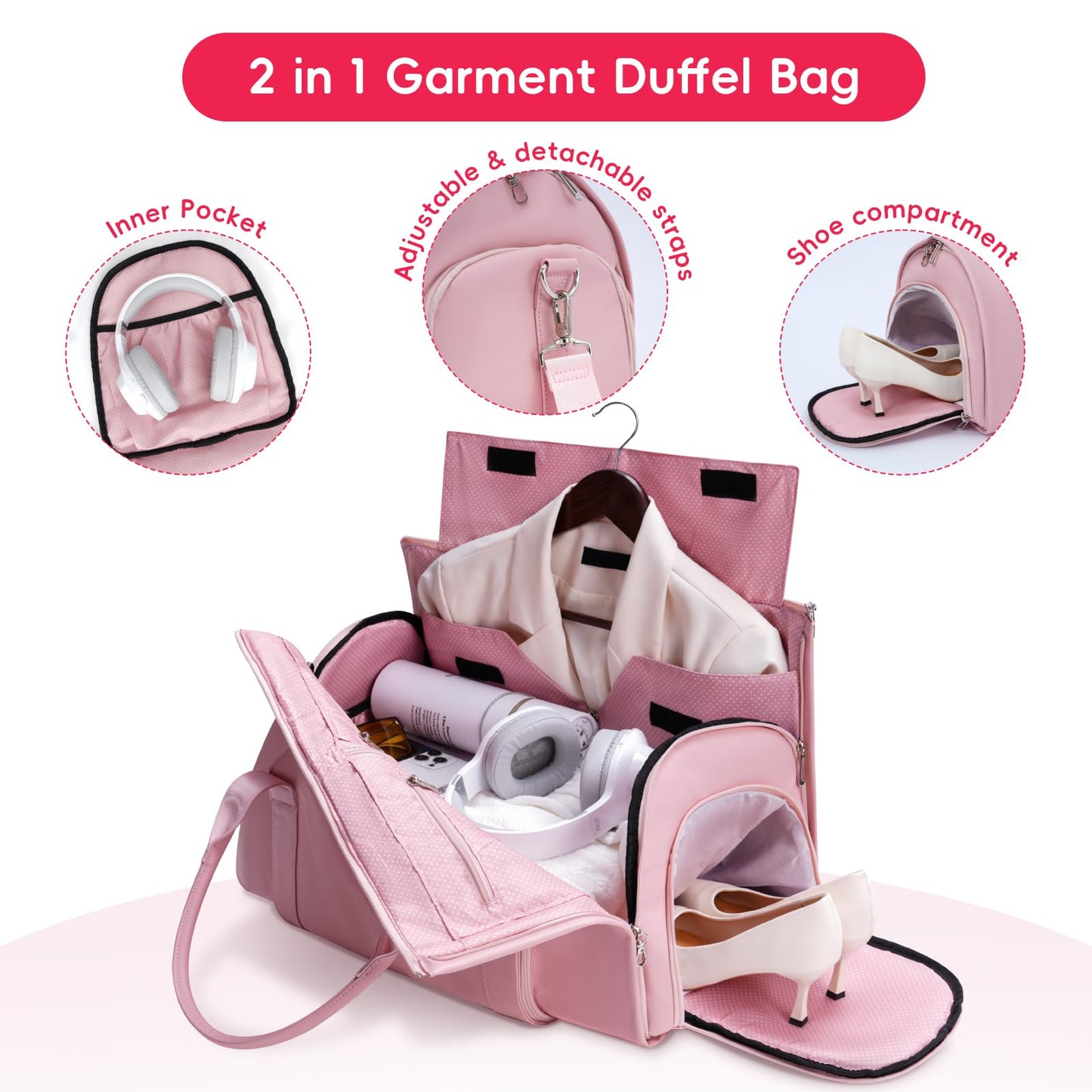 Modoker Leather Garment Bag for Travel – 2-in-1 Carry-On Suit Bag & Weekender for Women – Wedding Dress Luggage with Shoe Compartment & Shoulder Strap – Ideal for Business Trips,Pink