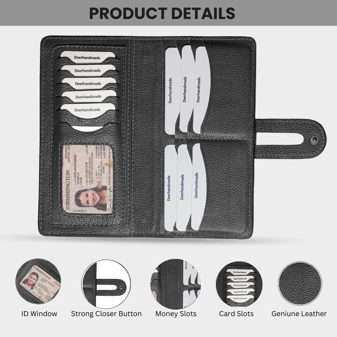 DEERHANDMADE womens wallet (Holds 15-18 Cards, 4 Flat Pockets, 1 ID Windows) Genuine Leather clutch purses for women | Slim long wallets for women | rfid blocking wallet (black wallet)