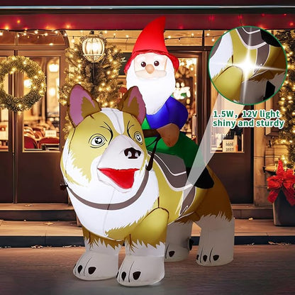 COMIN 5.5 FT Christmas Decorations Outdoor Inflatables Gnomes Ride Corgi Dog Blow Ups with Built-in LEDs for Yard Party Lawn Decor