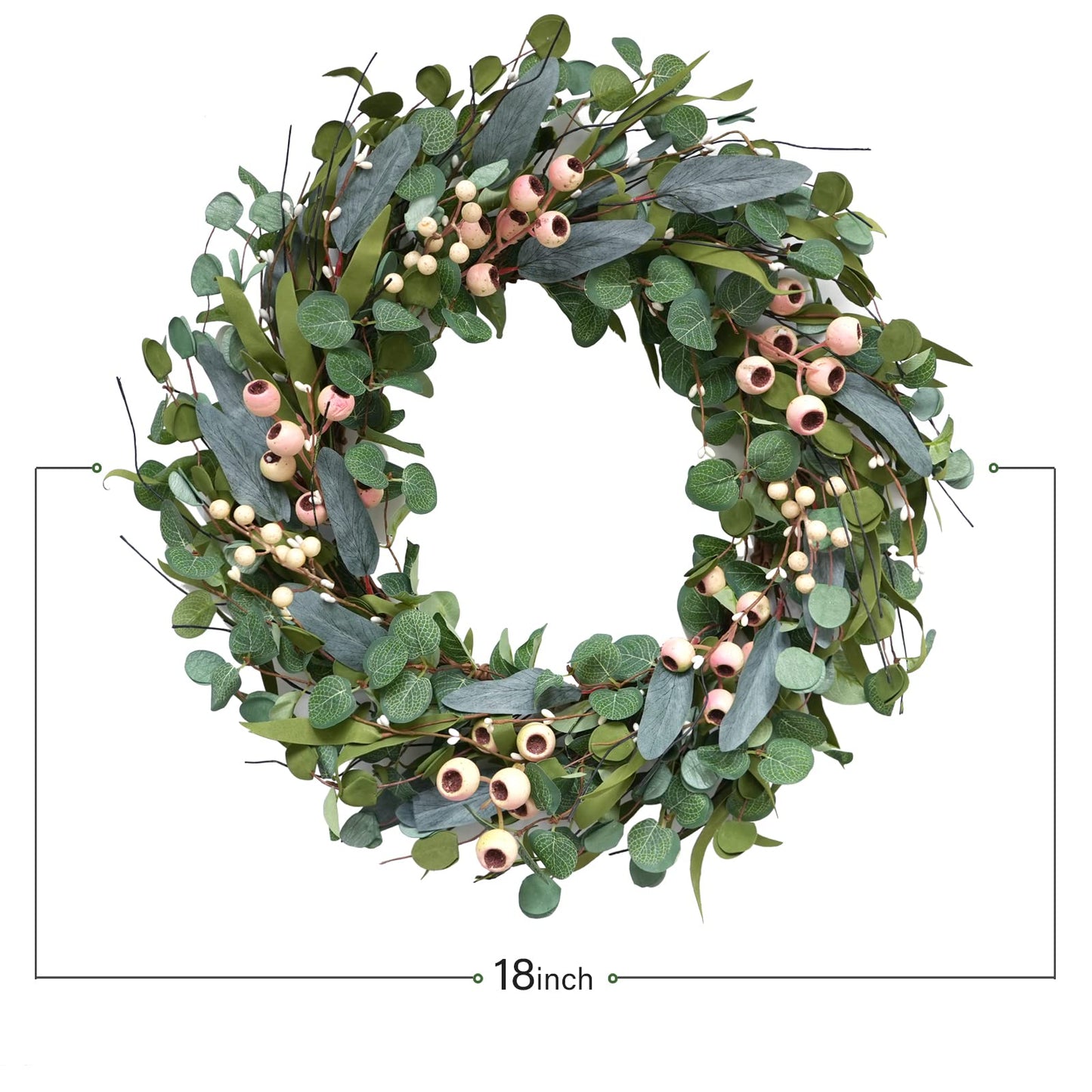Bibelot 20inch Artificial Eucalyptus Wreath Green Leaves White Berry Big Berries Wreath for Front Door All Seasons Decoration Year Round Decor Home Decor