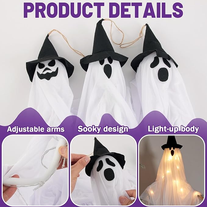 SUNBEAUTY Hanging Ghost, Halloween Decorations Outdoor/Indoor-3Pcs Ghost Decor with Light, Halloween Ornaments, Hallowee n Decor for Tree, Yard, Window, Garden