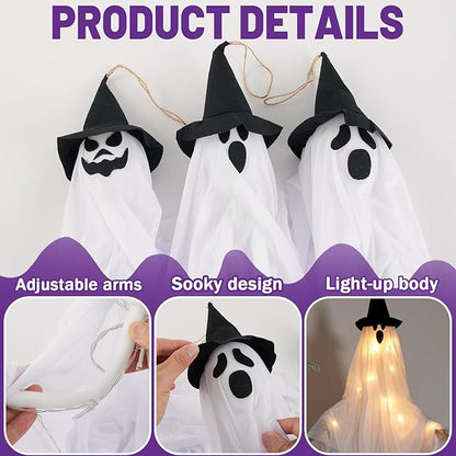 SUNBEAUTY Hanging Ghost, Halloween Decorations Outdoor/Indoor-3Pcs Ghost Decor with Light, Halloween Ornaments, Hallowee n Decor for Tree, Yard, Window, Garden
