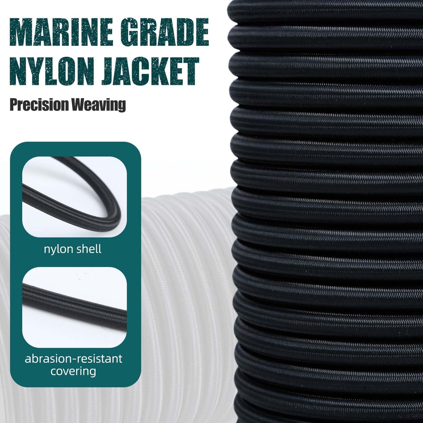 Zakous Strong and Durable Bungee Cord - 3/8" x 50ft Elastic Cord, Kayak Stretch String Rope, Bungee Shock Cords for Repairing Tent Poles, DIY, Tie Downs, Black