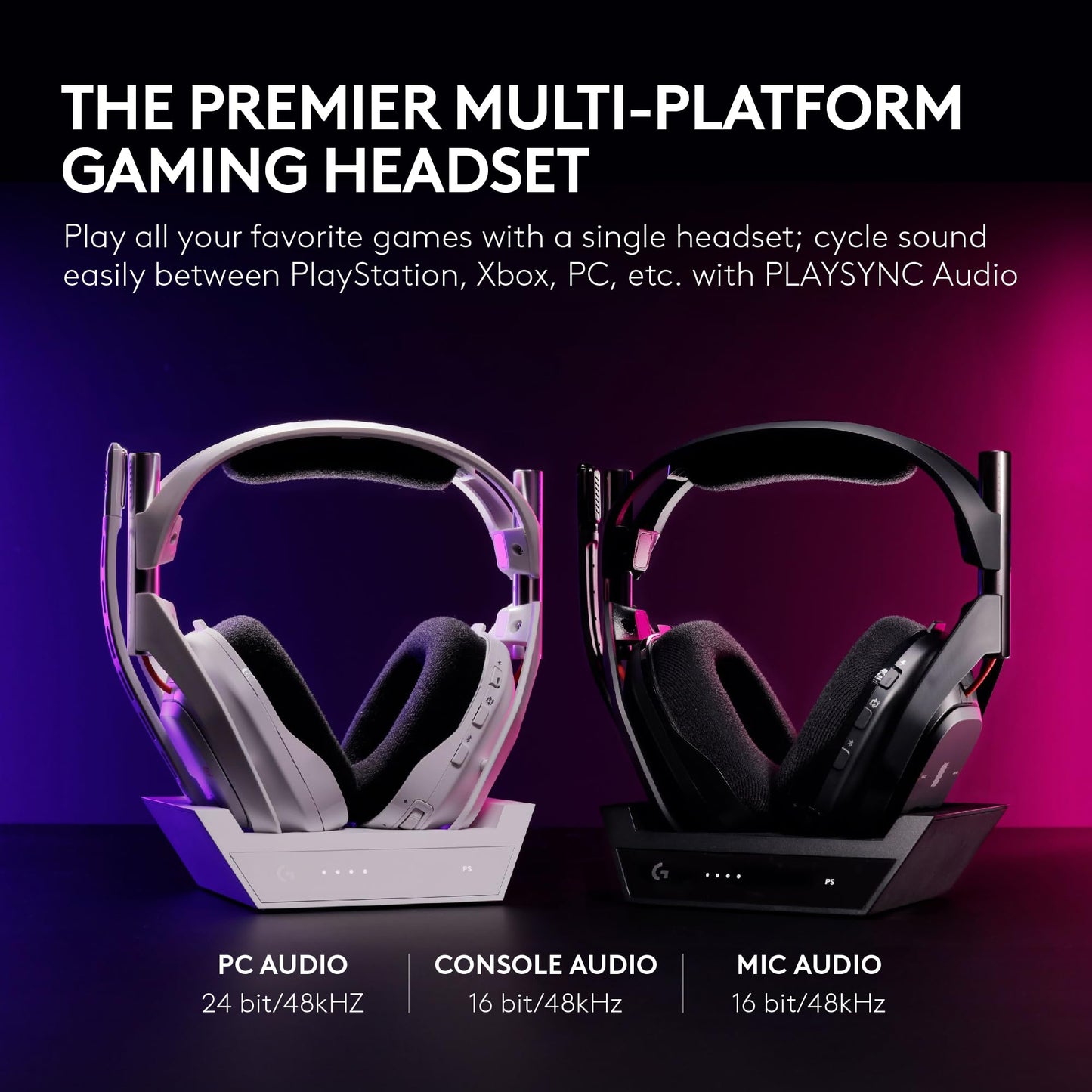 Logitech G Astro A50 Multi-Platform Wireless Gaming Headset + Base Station for PS5/Xbox/PC: PLAYSYNC Audio Switcher, <16bit/48kHz (Console), <24bit/48kHz (PC), 24hr Battery, 2.4GHz & BT - Black