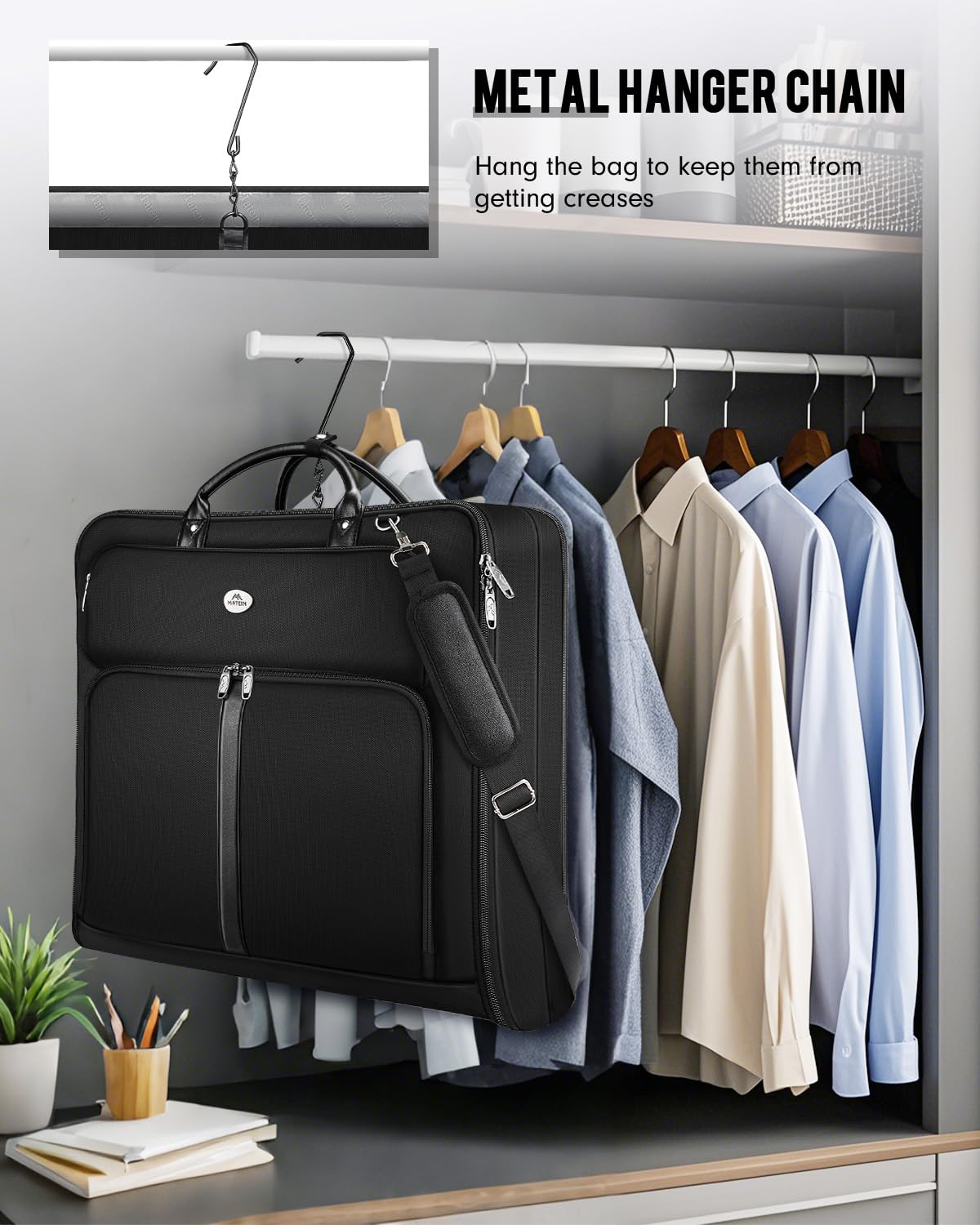 MATEIN Mens Garment Bags for travel, Large Travel Suit Bag Up to 7 Suits with Strap, Wrinkle Free Carry On Garment Bags for Hanging Clothes, Business Suitcase Luggage Bag Fit 17.3 Inch Laptop, Black