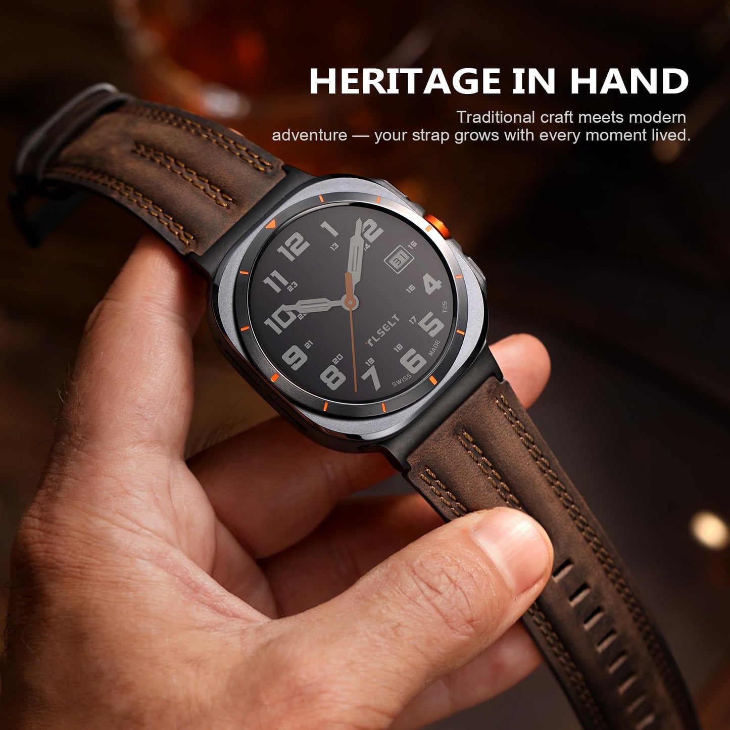 Tlselt Leather Band Compatible with Samsung Galaxy Watch Ultra 47mm(2025/2024), Genuine Leather Rugged Durable Classic Vintage Handcrafted Outdoor Business Travel Gift Samsung Watch Strap for Men