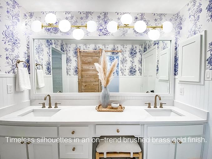 Mid Century Modern Bathroom Vanity Lights, 5-Light Bathroom Light Fixtures Brass Gold Bathroom Lights Semi-Flush Mount Ceiling Light, Gold Wall Sconce Wall Light with Globe Frosted Milk Glass, G9 Base