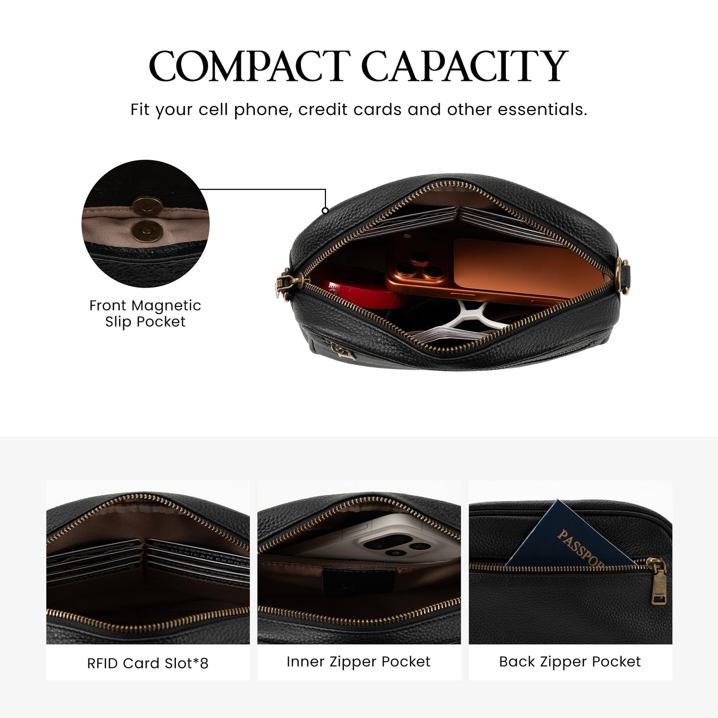 befen Black Crossbody Purses for Women Embossed Genuine Leather Small Handbag with RFID Blocking Anti-Theft Cross Body Bags for Daily Travel