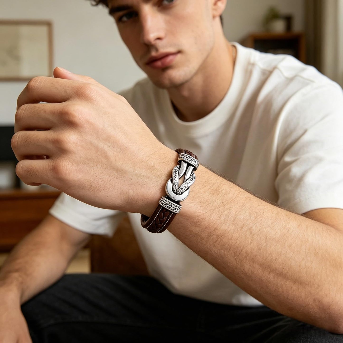 LJWVX Men's Braided Brown Leather Bracelet Wristband Cuff Bracelet for Men Gifts Stainless Steel Clasp