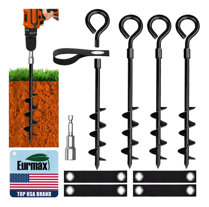 Eurmax USA 4 Pack Heavy Duty Ground Stakes&Anchors,Commercial Spiral Screw-in Trampoline Stakes with Reinforced Tie-Down Straps,High Wind Stabilizing Kit for Canopies,Outdoor Sheds,Swing Sets(Black)