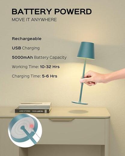 Cordless Table Lamps Rechargeable, 3 Adjustable Height, 5000mAh Battery Operated, 3 Colors Smooth Dimming, Portable LED Waterproof Table Lamp for Kitchen, Bedroom, Outdoor (2 Pack-Lake Blue)
